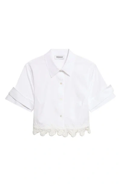 Monse Cherry Lace Crop Stretch Cotton Button-up Shirt In White