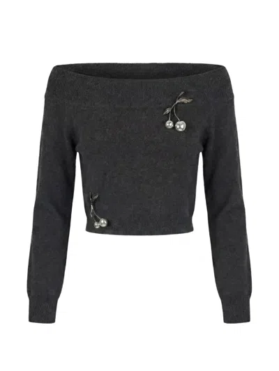 Monse Cherry-embellished Off-shoulder Sweater In Gray