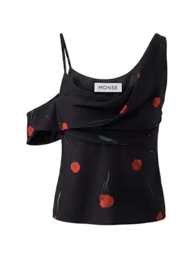 Monse Cherry-print Draped Top In Black