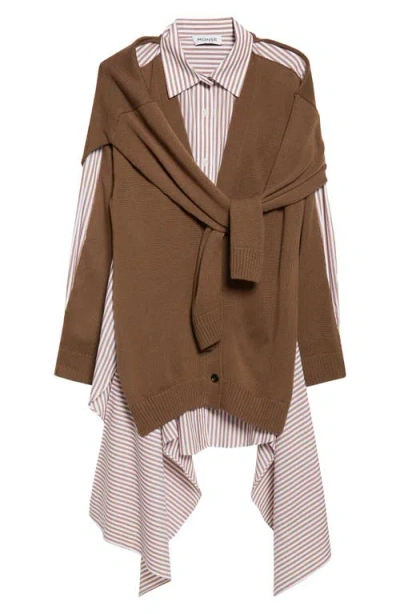 Monse Combo Stripe Long Sleeve Cotton Poplin Shirtdress With Merino Wool Cardigan In Brown