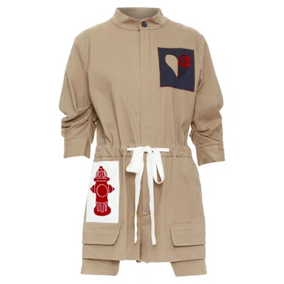 Monse Cotton Blend Heart Fire Hydrant Patchwork Romper In Green