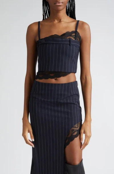 Monse Deconstructed Pinstripe Lace Trim Wool Blend Crop Top In Midnight