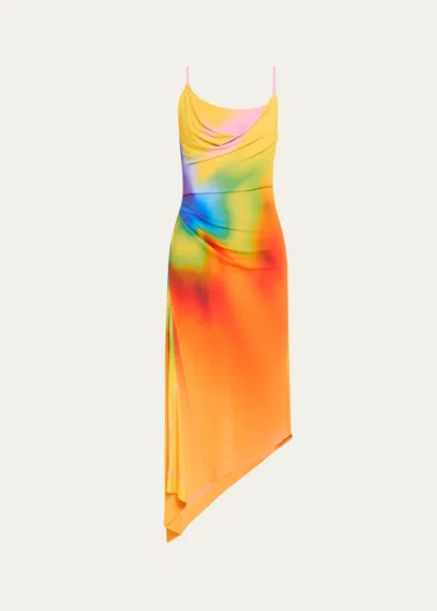 Monse Draped Rainbow Orchid Asymmetric Slip Dress In Orange Multi | ModeSens