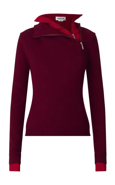 Monse High-neck Asymmetrical Zipped Merino Wool Sweater In Burgundy