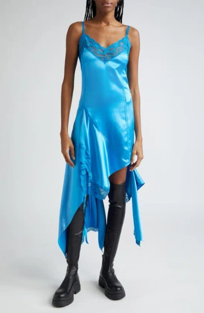 Monse Lace Trim Asymmetric Silk Satin Midi Dress In Aqua