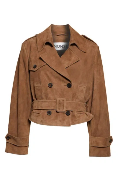 Monse Layering Double Breasted Lambskin Suede Crop Trench Coat In Brown