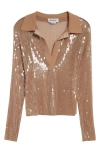 Monse Long Sleeve Sequin Mesh Polo In Beige