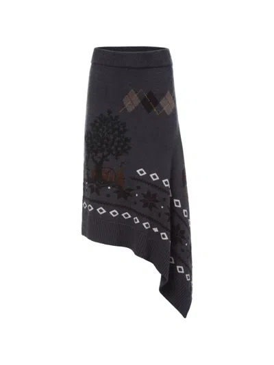 Monse Mixed Fair Isle Asymmetrical Midi Skirt In Black