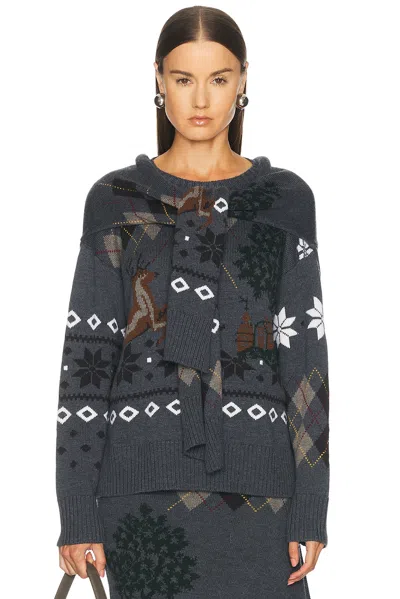 Monse Mixed Fair Isle Crew Neck Sweater With Scarf In Dark Charcoal Multi