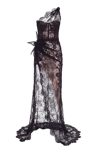 Monse One Shoulder Draped Lace Gown In Black