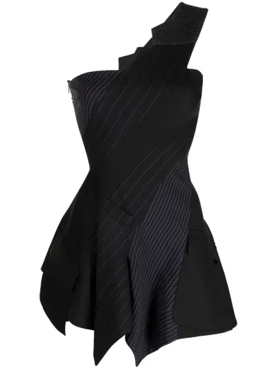 Monse One-shoulder Pinstripe Asymmetric Dress In Black