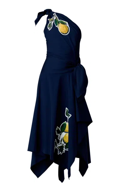Monse One-shoulder Lemon-patch Stretch-cotton Midi Dress In Black