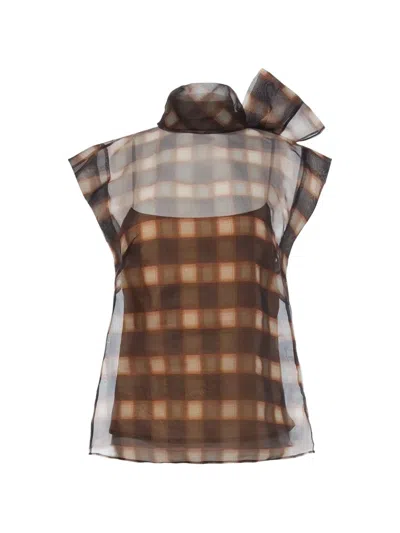 Monse Plaid Shoulder-tie Blouse In Brown