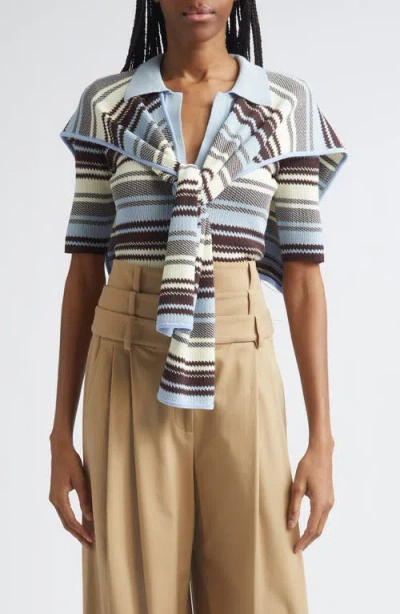 Monse Stripe Jacquard Polo Sweater With Shoulder Wrap In Blue