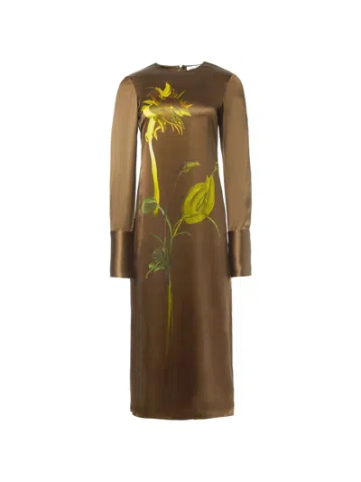 Monse Sunflower-print Long-sleeve Midi Dress In Brown
