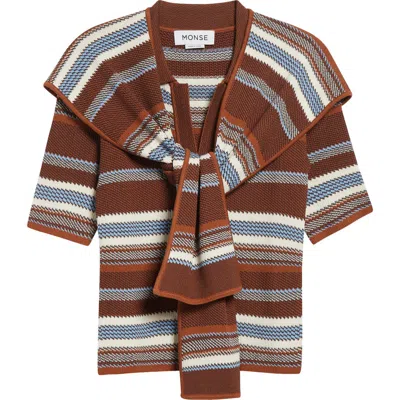 Monse Tie Scarf Overlay Stripe Short Sleeve Sweater In Brown
