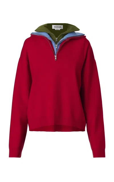 Monse Triple Collar Merino Wool Quarter-zip In Red