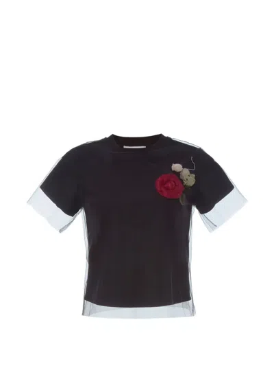 Monse Tulle-overlay Floral-motif T-shirt In Black