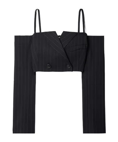 Monse Cropped Cold-shoulder Pinstriped Wool-blend Twill Jacket In Blue