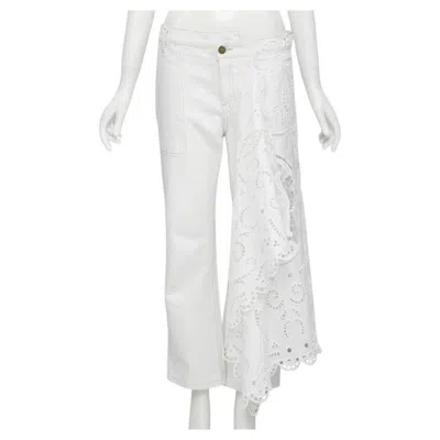Pre-owned Monse White Denim Cotton Embroidery Anglais Draped Trim Straight Leg Jeans Us2 S