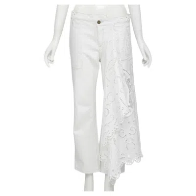 Pre-owned Monse White Denim Cotton Embroidery Anglais Draped Trim Straight Leg Jeans Us2 S