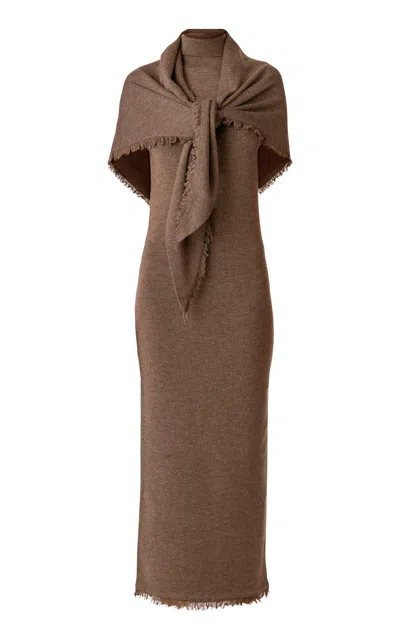 Monse Wrap-detail Mock Neck Merino Wool Midi Dress In Brown