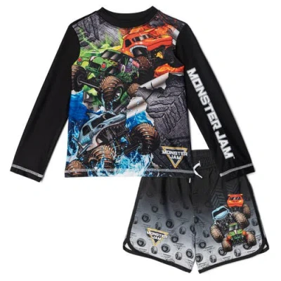 Monster Jam Kids'  2-piece Swimwear Rash Guard And Swim Trunks Set In Multi
