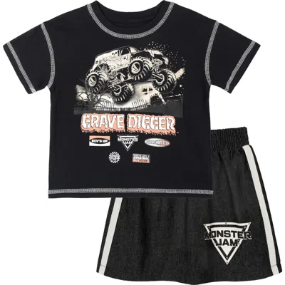 Monster Jam Kids'  Grave Digger 2-piece T-shirt And Denim Skirt Set In Black
