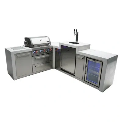 Mont Alpi 82"w Deluxe L-shaped Stainless Steel Outdoor Kitchen Island + 3-tap Kegerator Beer Dispenser + Refri