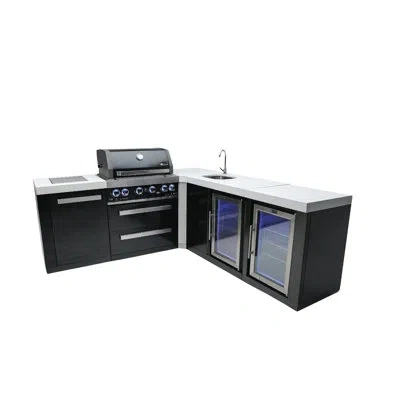 Mont Alpi 82"w X 88"d X 46"h Black Stainless Steel L-shaped Outdoor Kitchen Island With 2 Refrigerators + Fauc