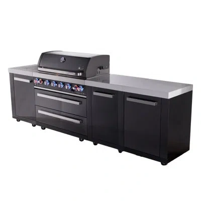 Mont Alpi Black Stainless Steel 119"w X 23"dx 46"h Modular Outdoor Kitchen Island With Side Burner + 44"w 6-bu