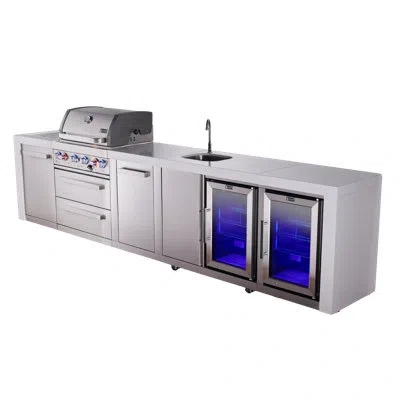 Mont Alpi Black Stainless Steel Premium 145"s X 23"d X 46"h Modular Outdoor Kitchen Island With 2 Refrigerator