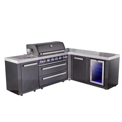 Mont Alpi Mai805-bss90fcxl 6-burner 94"x88" L-shaped Black Stainless Steel Outdoor Kitchen Island Barbecue Gas In Black;stainless Steel
