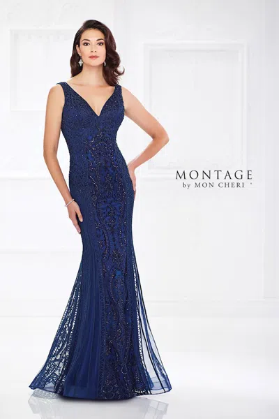 Montage 118975 Beaded Long Fit Formal Dress In Blue