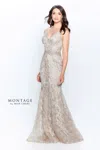 Montage 120921 Long Beaded Lace Metallic Evening Formal Dress In Neutral