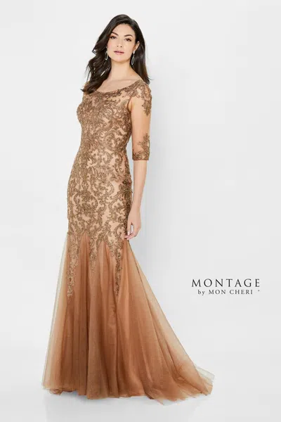 Montage 122901 Long Metallic Lace Fit Formal Dress In Brown