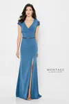 Montage 122902 Long Slit Ruched Beaded Belt Formal Dress In Purple