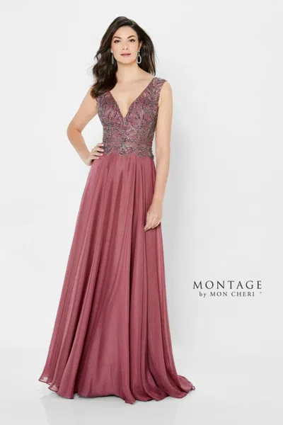 Montage 122907 Long Beaded A Line Formal Dress In Brown