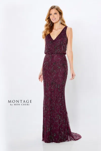 Montage 221966 Long Beaded Blouson Formal Dress In Burgundy