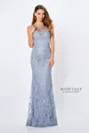 Montage 221971 Beaded Long Lace Ribbon Evening Formal Dress In Blue