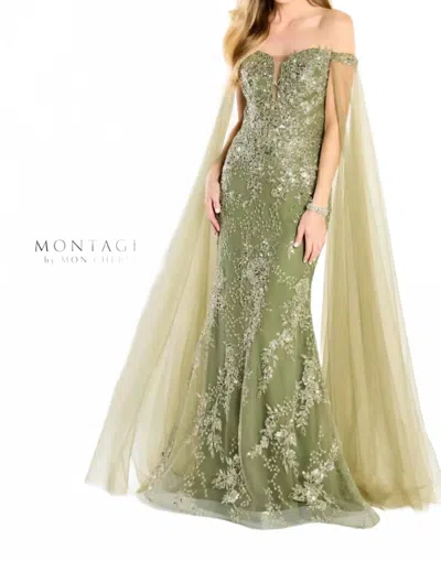 Montage By Mon Cheri Beaded Off Shoulder Evening Gown In Loden Green