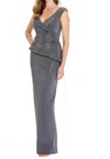 Montage By Mon Cheri Beaded Peplum Evening Gown In Charcoal In Gray