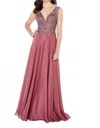 Montage By Mon Cheri Beaded Tulle Flowy A Line Dress In Rose In Pink