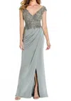 Montage By Mon Cheri Cap Sleeve Evening Gown With Slit In Taupe In Gray