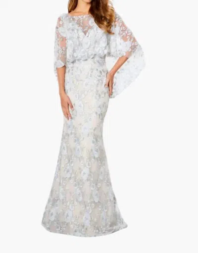 Montage By Mon Cheri Cape Sleeve Embroidered Dress In Silver/nude In White