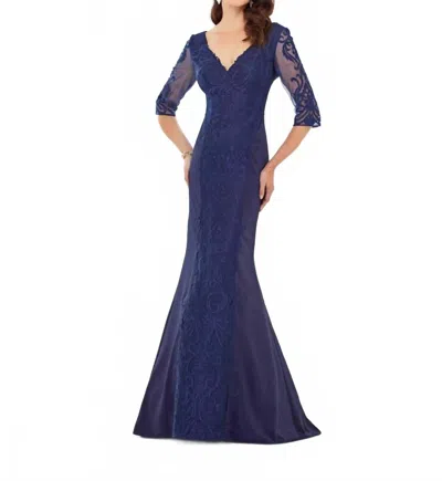 Montage By Mon Cheri Crepe Sheer Evening Gown In Navy In Blue
