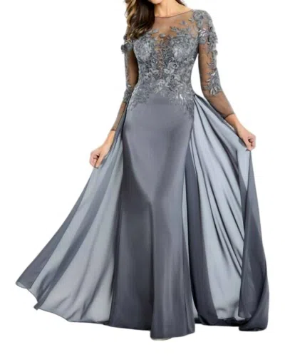 Montage By Mon Cheri Embroidered Bodice Long Sleeve Dress In Smoke In Gray