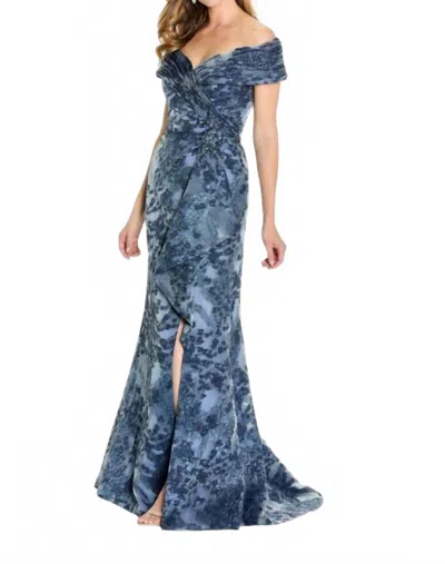 Montage By Mon Cheri Front Slit Off The Shoulder Dress In Navy In Blue