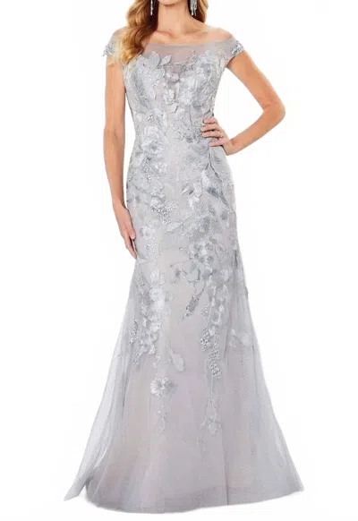 Montage By Mon Cheri Illusion Off-shoulder Dress In Grey/nude In Multi