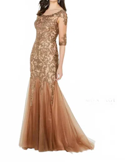 Montage By Mon Cheri Lace Evening Gown In Bronze In Gold